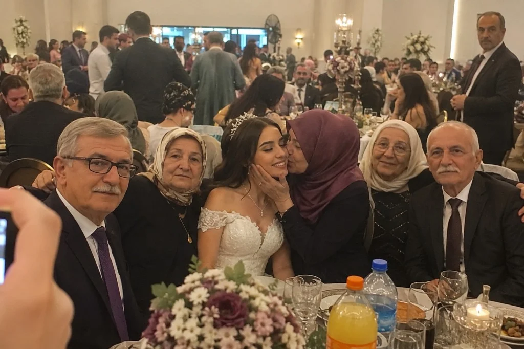 Düğün masasında gelin ve ailesinin bir arada olduğu, misafir gözünden çekilmiş kare
