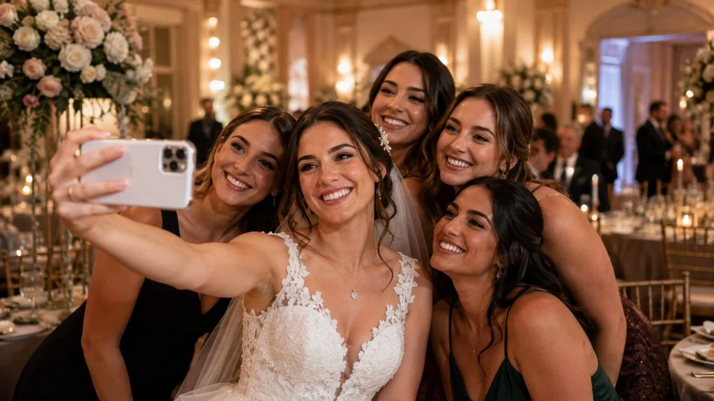 Düğün davetinde gelin ve arkadaşlarının telefonla birlikte çektiği selfie