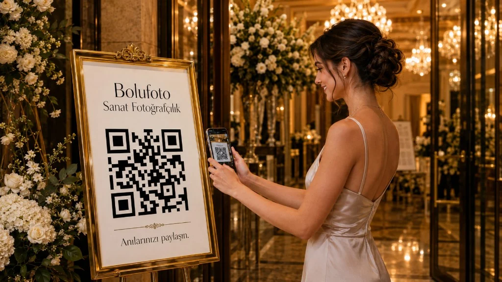 Düğün salonu girişindeki altın çerçeveli Anı QR panosunu telefonuyla okutan davetli