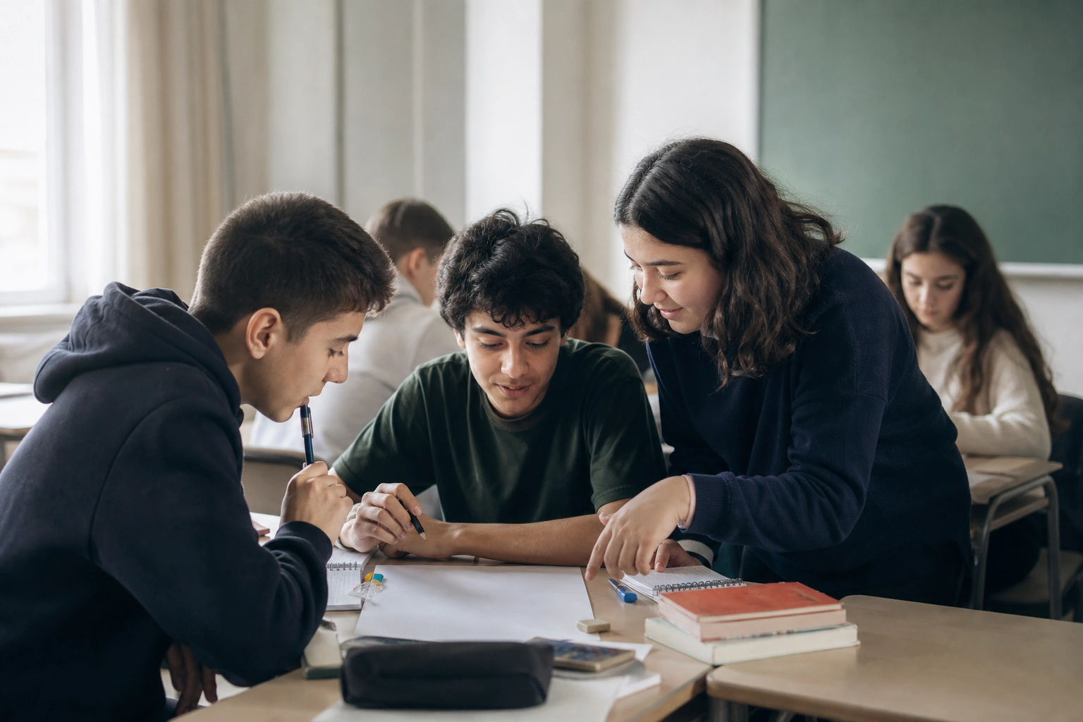 Sınıfta bir proje üzerinde birlikte çalışan öğrenciler